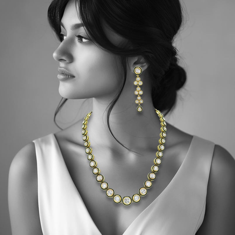 Black Enamel Polki Diamond Necklace Set for Timeless Elegance